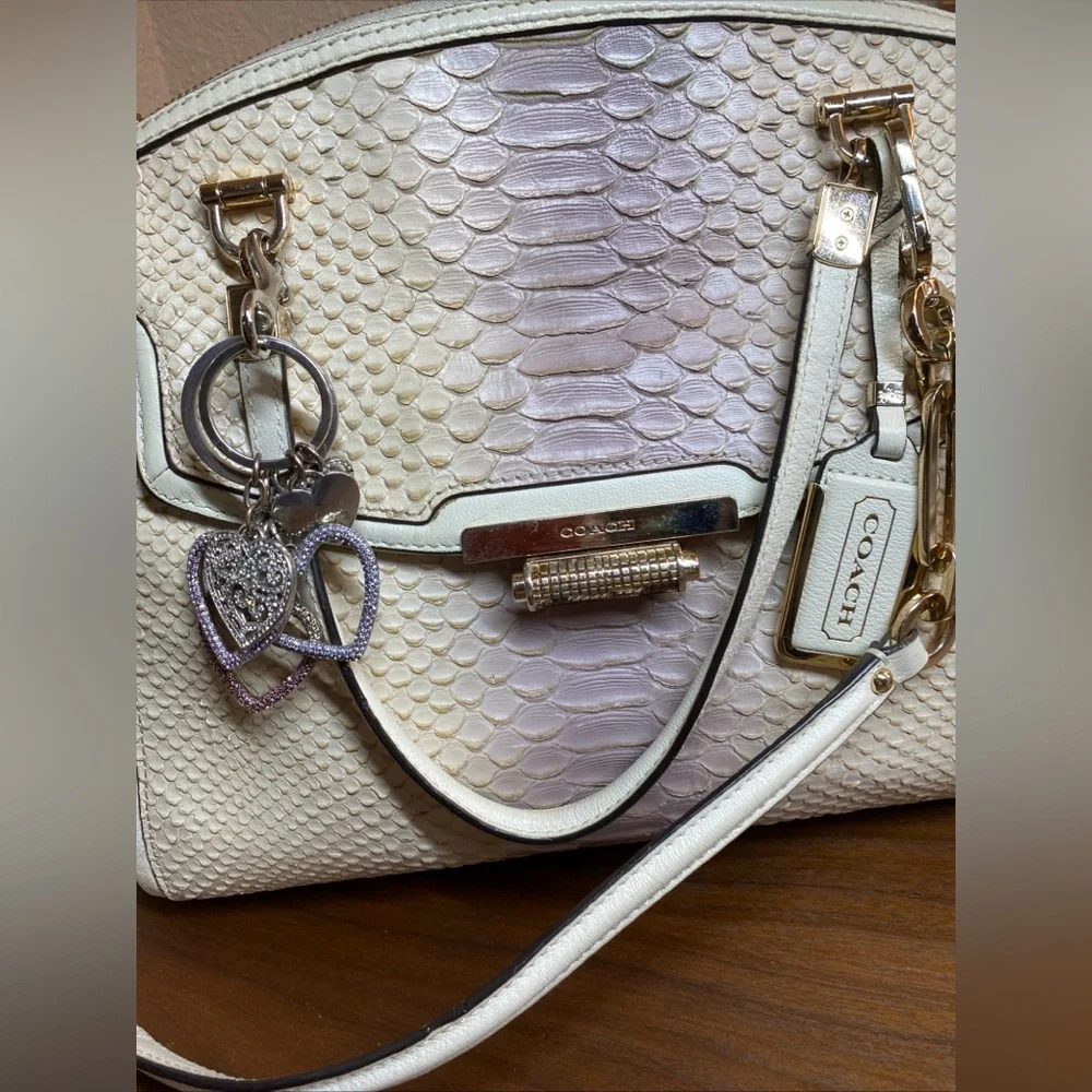 Coach Madison Textured Embossed Python Satchel Bag Ivory Purple Large Charms‎